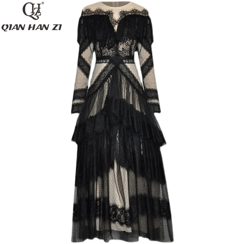 

Qian Han Zi 2021 designer Runway fashion summer lace Maxi Dress Women Long Sleeve elegant Cascading Ruffle Slim long Party Dress