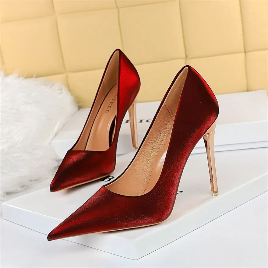 BIGTREE Wedding Women Pumps Autumn Metal Heels Woman Shallow Sexy Party Shoes Pointy Toe Stiletto Silk Ladies Work Shoes Plus 43