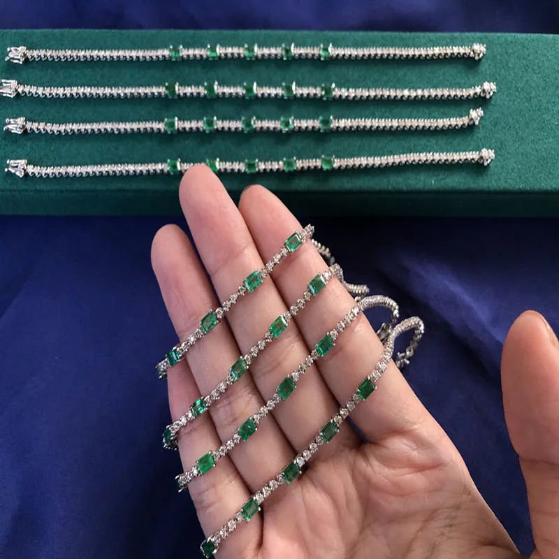 Aazuo Real 18K White Gold Natrual Square Emeralds Real Diamonds Tennis Bracelets For Woman Upscale Trendy  Engagement Party