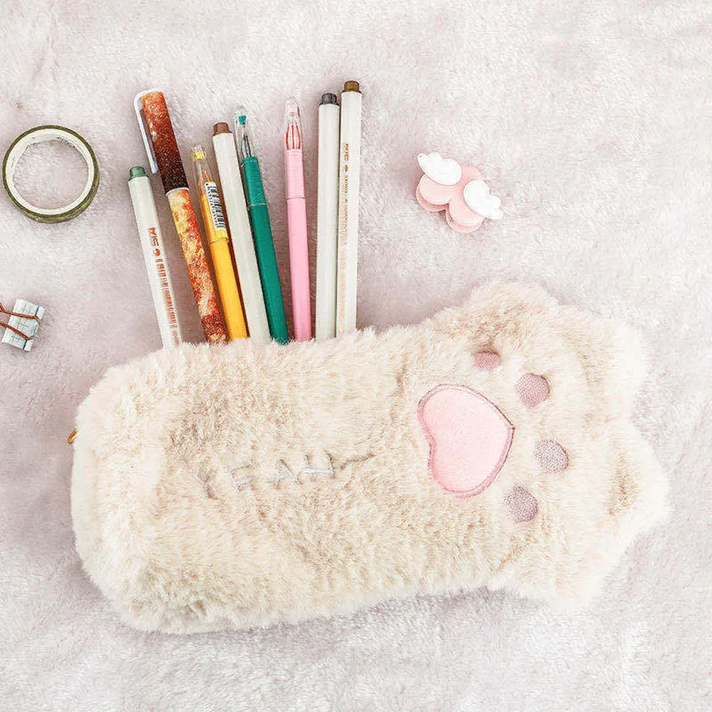 Bolsa de lápices de felpa con forma de pata de gato para niña, 1 piezas, papelería Kawaii, suministros escolares, bolsa de almacenamiento de