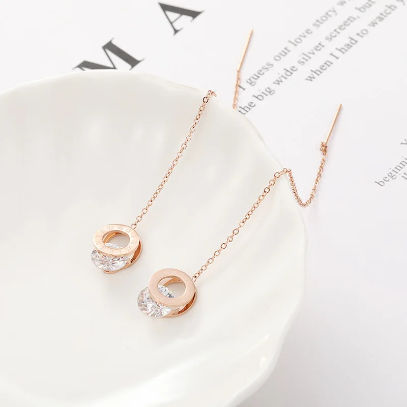 JeeMango Titanium Stainless Steel Roman Round Zircon Ear Line Female Long Tassel Earrings Jewelry For Women JE17127
