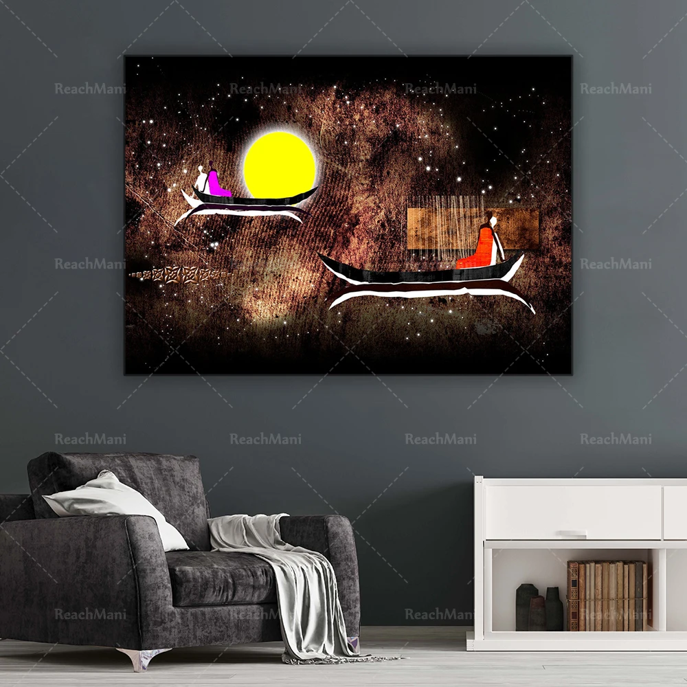 Canvas art painting landscape posters and prints color oil painting sunset moon houseboat living room decoration