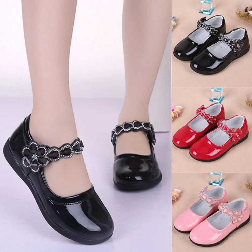 Girls Leather Princess Shoes Children Kids Girls Party Dance Perform Flower Breathable School Flat Shoes Crystal Casual EUR26-38