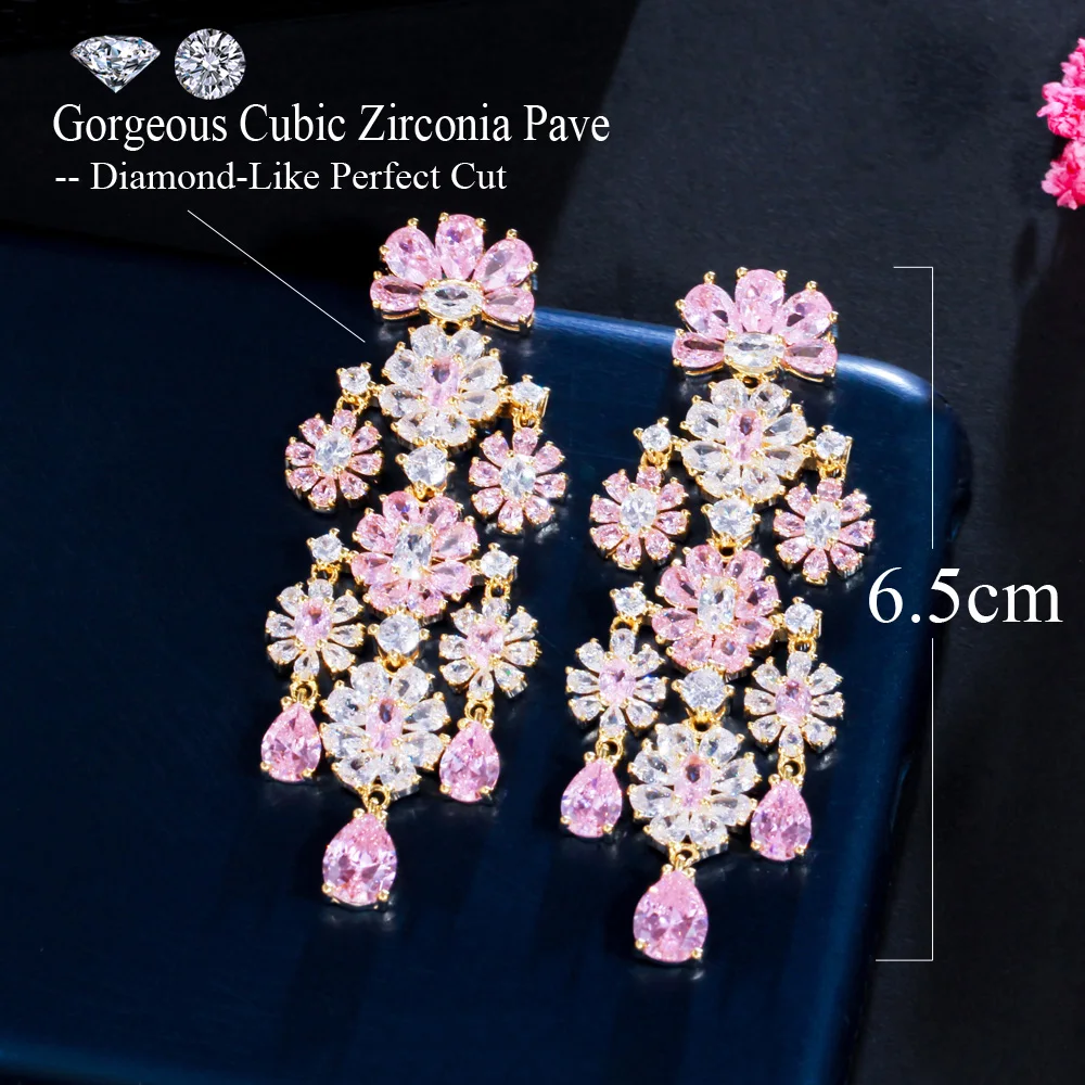 CWWZircons Long Tassel Flower Drop Pink Cubic Zirconia Stone Large Women Party Costume Wedding Earrings Jewelry for Brides CZ996