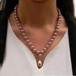 Bright purple 8mm round bead Natural SOUTH SEA SHELL PEARL 12mm pendant NECKLACE 18inch 45cm