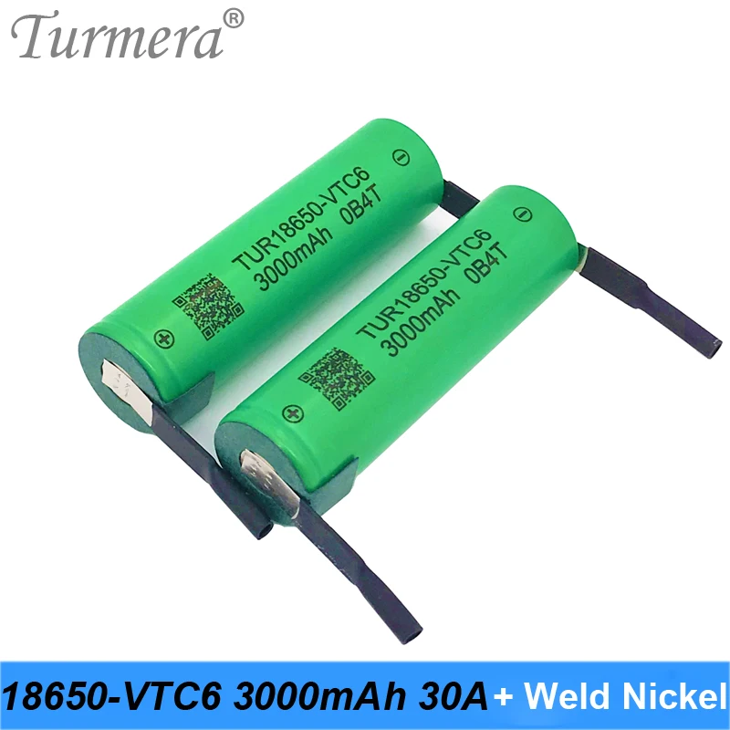 Turmera 18650 VTC6 3000mAh Battery 30A Soldering Nickel for 12V 16.8V 18V 25V Electric Drill Screwdriver Battery and E-bike Use