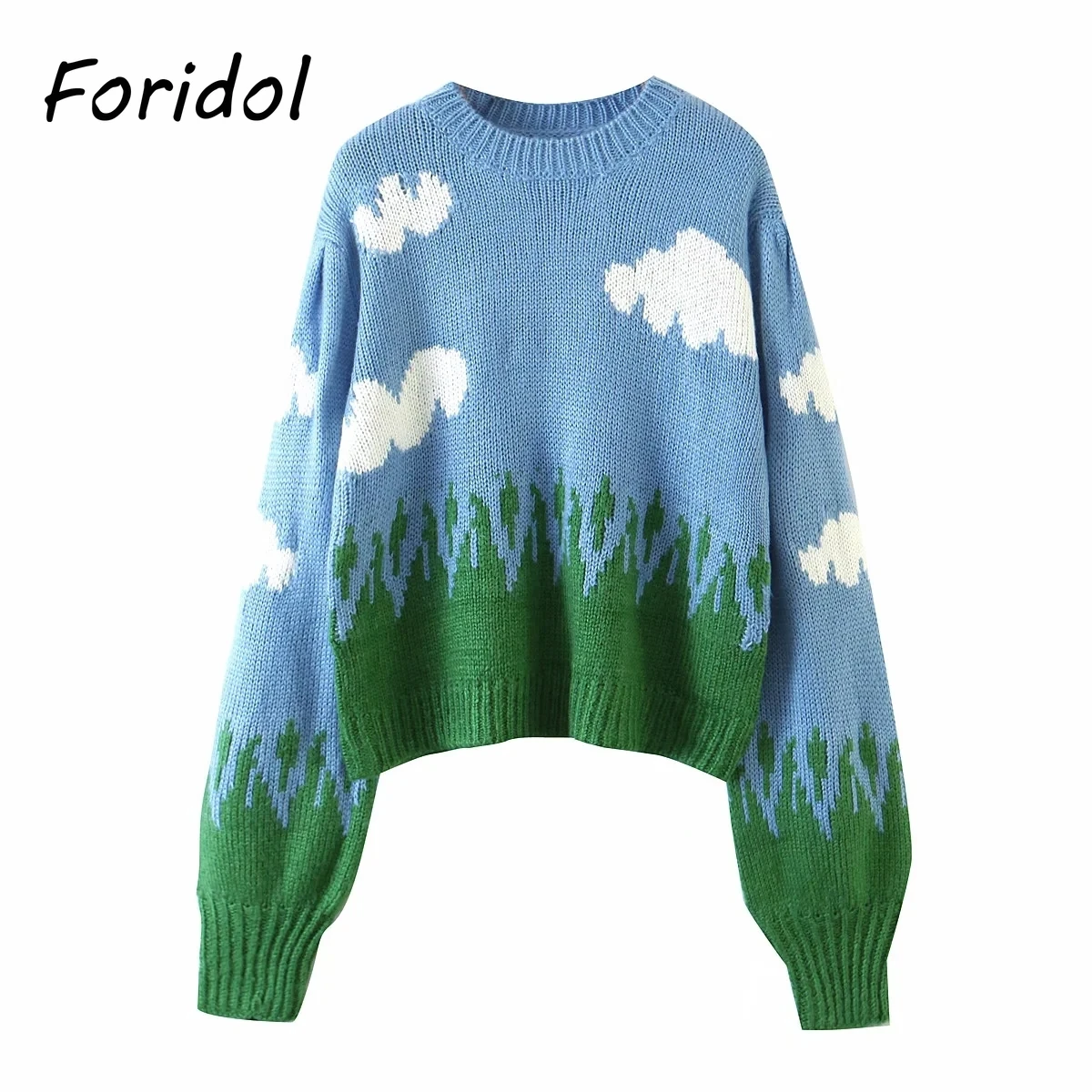 Foridol mohair vintage blue cloud sweater pullovers women lantern sleeve oversized cropped jumper 2024 short casual pull femme