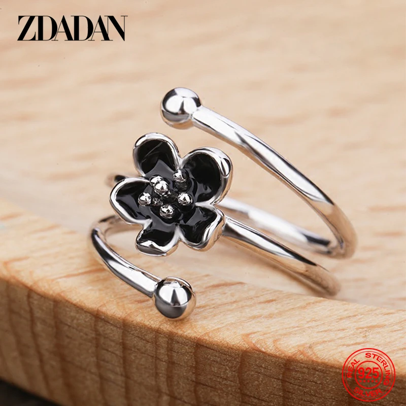 ZDADAN 925 فضة زهرة سوداء قابل للتعديل خواتم للنساء موضة سحر هدية مجوهرات الزفاف