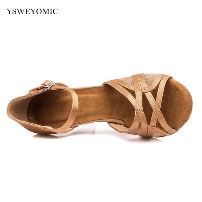 2021 Spring New Women Dance Shoes Latin Ballroom Dance Shoes Brown Satin Suede Sole Heels 5-10cm Ladys girls Salsa Dance Shoes