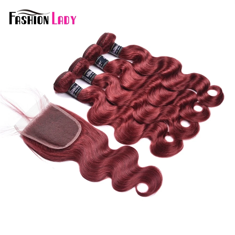 Fashion Lady Pre-Colored 3 Bundles With Closure Red Color Peruvian Human Hair Body Wave With Lace Clousure Non-Remy Hair