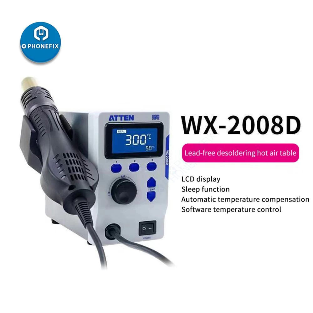 ATTEN WX-2008D ESD 재 작업 스테이션 800W 전화 BGA 솔더링 수리 핫 에어 건 용접 벤치 무연 조절 디스플레이