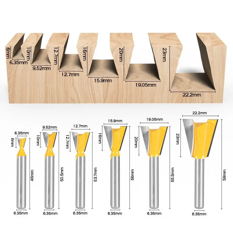6pcs Handles Dovetail Knife Sub-mouth Woodworking Milling Cutter Carving Knife Small Dovetail Slotting Tenon Knife