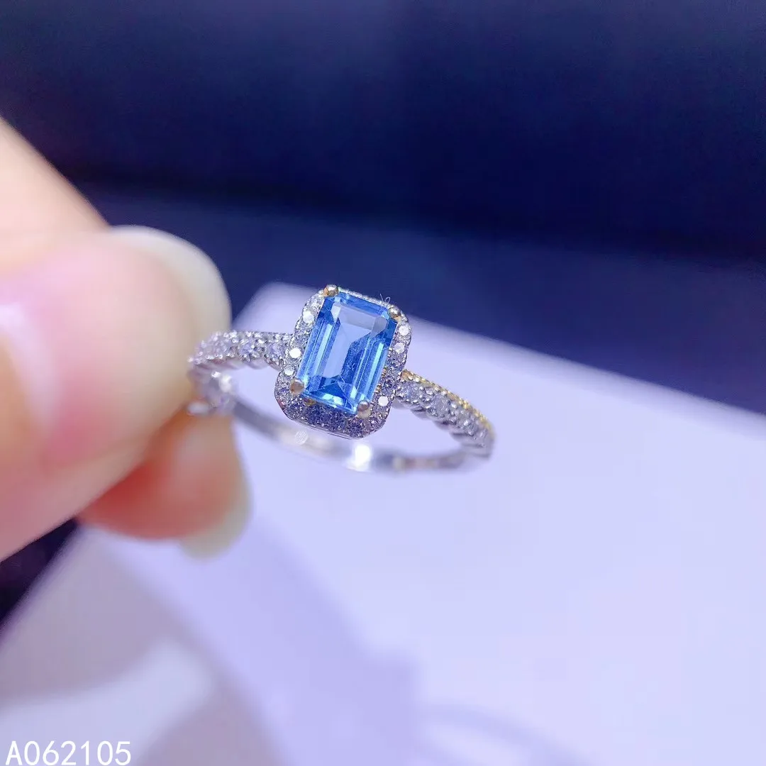 

925 pure silver Chinese style natural Swiss Blue Topaz women's classic popular rectangle adjustable gem ring jewelry support det