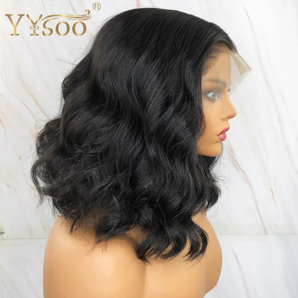 YYsoo Short Black Futura Synthetic Hair 13x4 Glueless Lace Front Wig Side Part Body Wave Black Wigs For Women 4inch Deep Parting