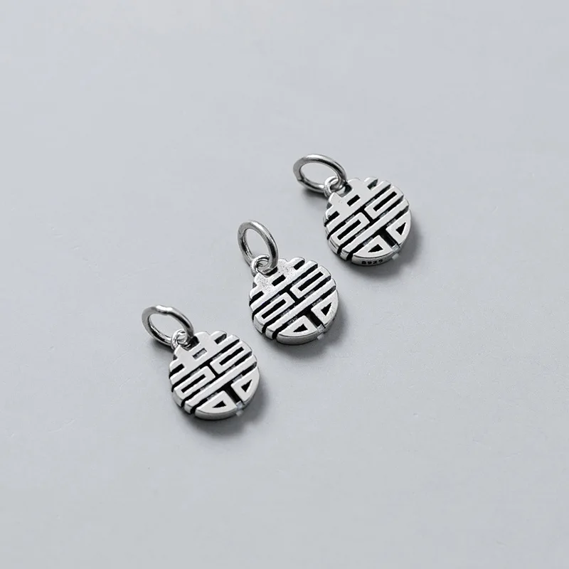 925 Sterling Silver Hollow Out Chinese Letter Happiness Round Charms 11mm Couple Bracelets Silver Pendants DIY Jewelry Findings