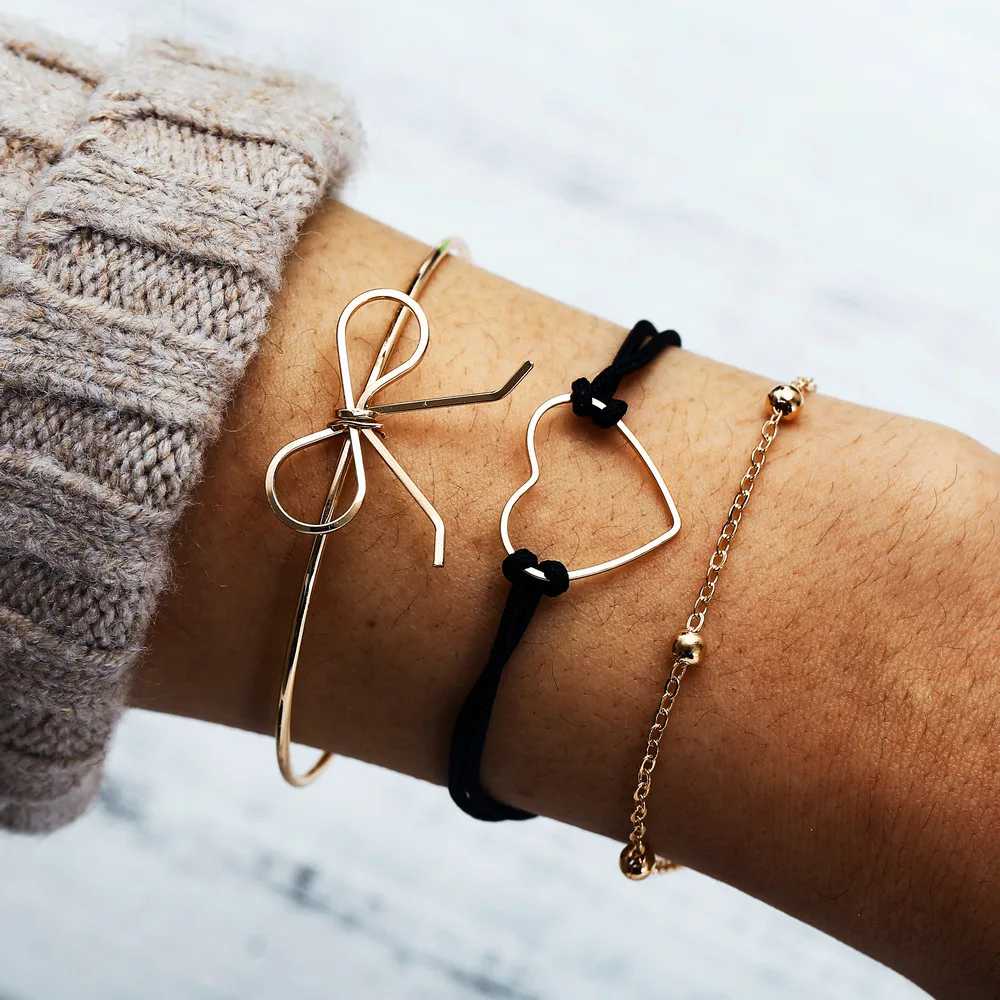 

3pcs/set Boho Heart Cuff bracelets Set For Women bow-knot Charm Black Rope Bangle Female vintage Jewelry accessories