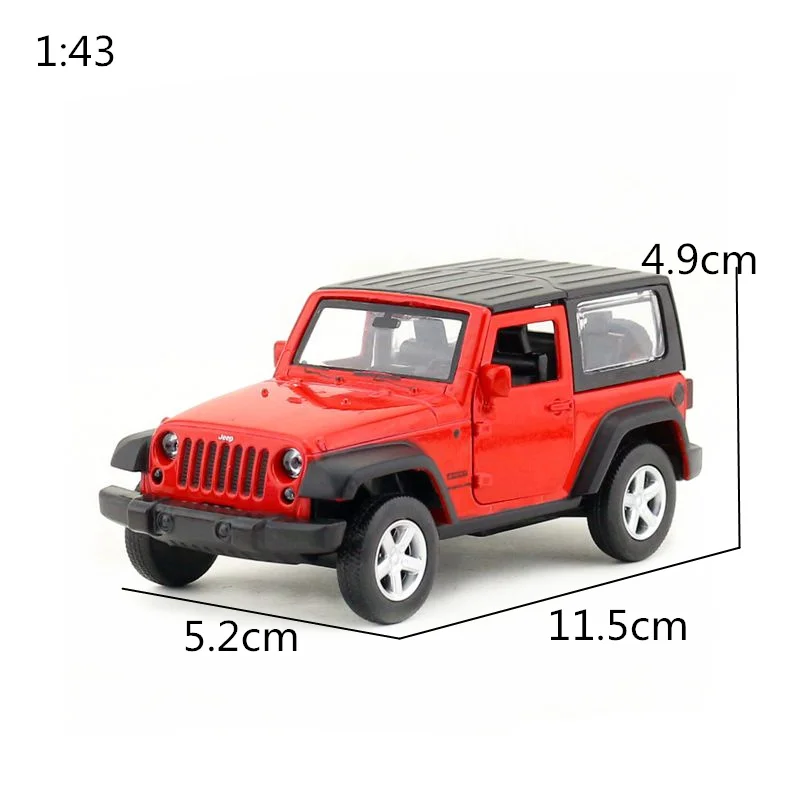 Diecast Metal Toy Model 1:43 Scale Jeep Wrangler SUV Sport Car Pull Back Doors Openable Educational Collection Gift Match Box