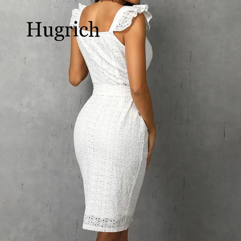 Women White Dress Lace Up Sexy Midi Vestidos Ruffles Sleeveless Bodycon Female Dresses 2020 Buttons Belt Elegant Ladies Clothes