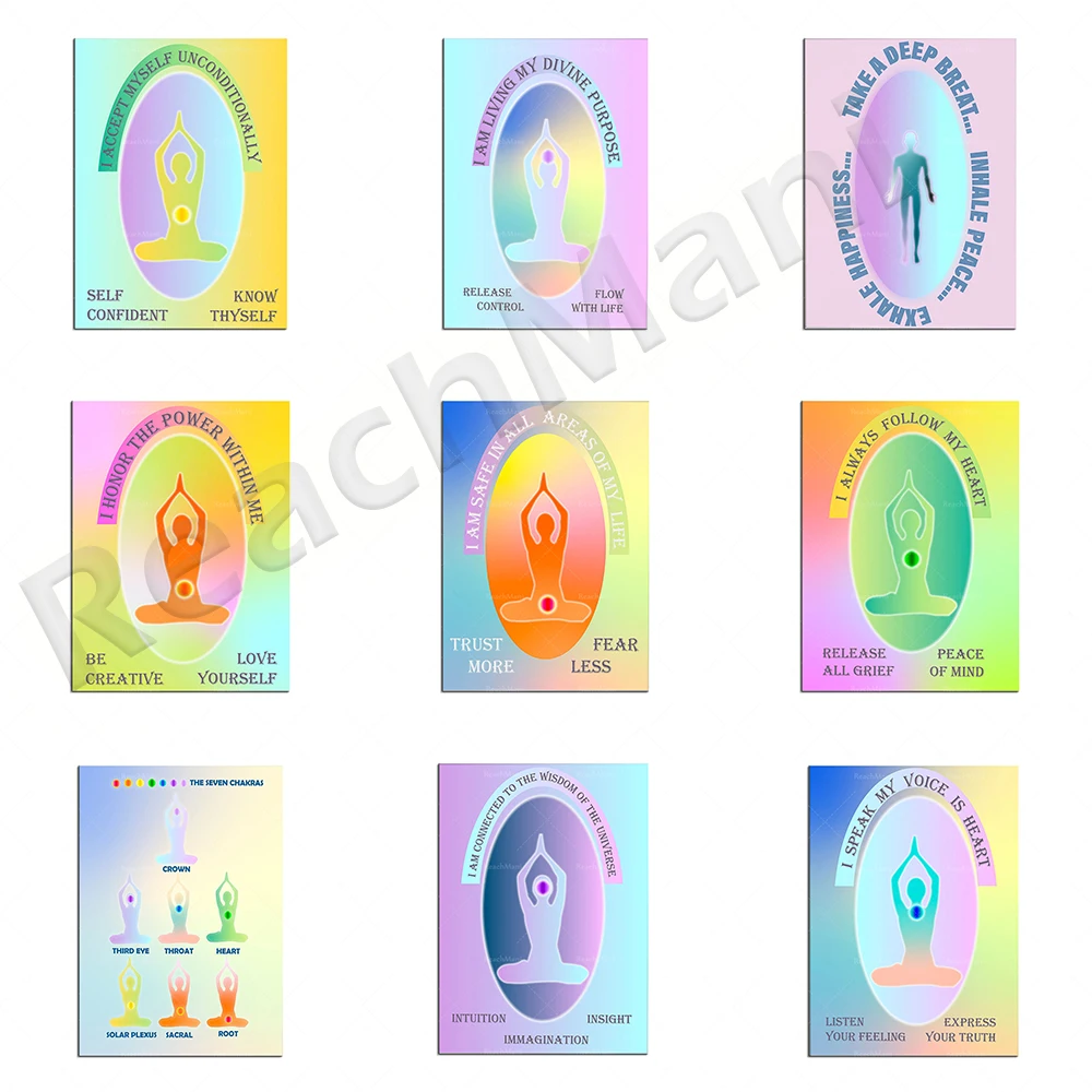 7 Chakra posters, grainy gradient yoga prints, spiritual art energy aura meditation prints, mental health affirmation posters