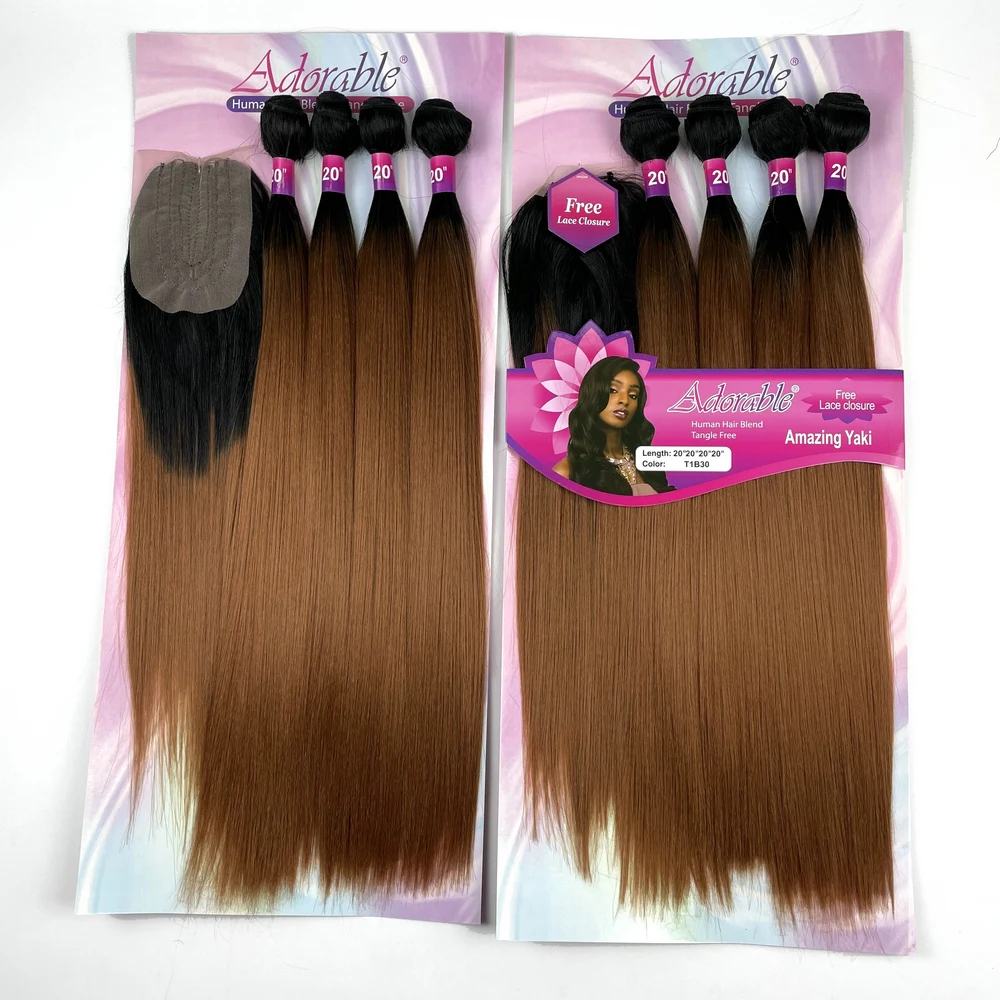 

Deep Brown Color Yaki Straight Synthetic Bundles With LaceClosure High Temperature Fiber For Black Woman T1b30 Amazing Yaki 4pcs