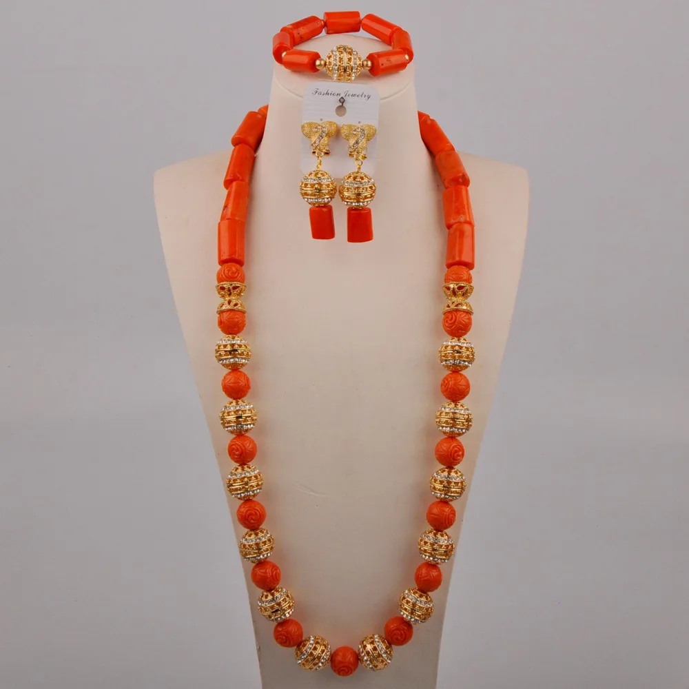 

Orange Natural Coral Necklace Nigerian Bride Wedding Accessories African Wedding Female Couple Wedding Jewelry Set AU-607