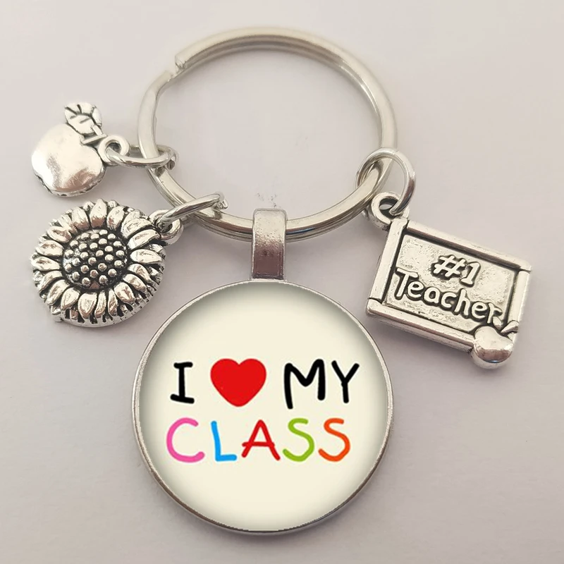 New Keep Calm Keychain, Love My Teacher Glass Image Keychain Dome Charm Camouflage Bag Chain Keychain Teacher's Day Jewelry Gift