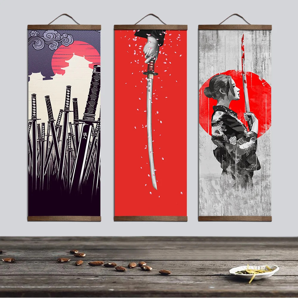 Japonês samurai ukiyoe para lona cartazes e cópias decoração da pintura arte da parede decoração casa com madeira maciça pendurado rolo