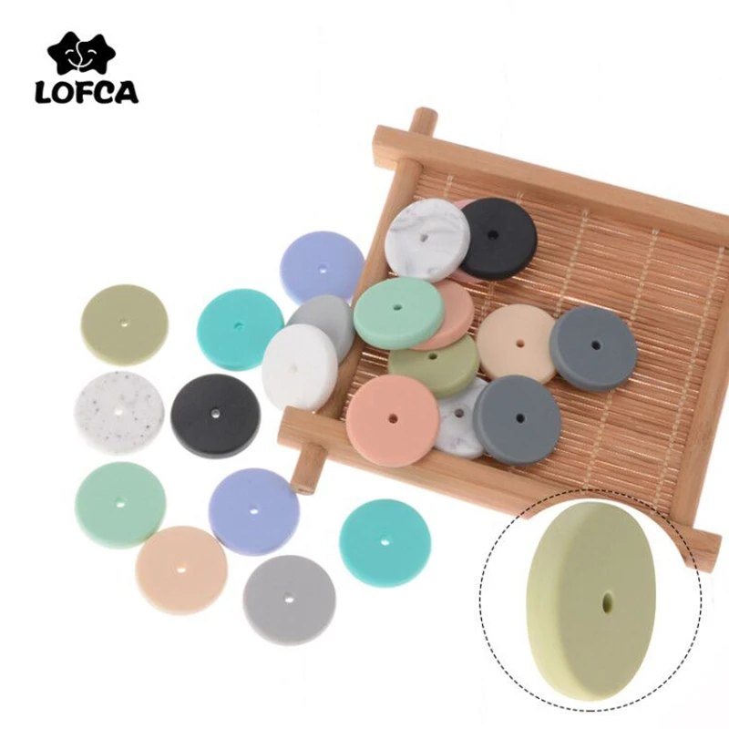 สร้อยข้อมือ LOFCA 10Pcs เหรียญลูกปัดลูกปัดซิลิโคนเกรดอาหารเด็ก Teether แผ่นลูกปัด Teething ลูกปัดแผ่น DIY คลิป Pacifier Teething ของเล่น