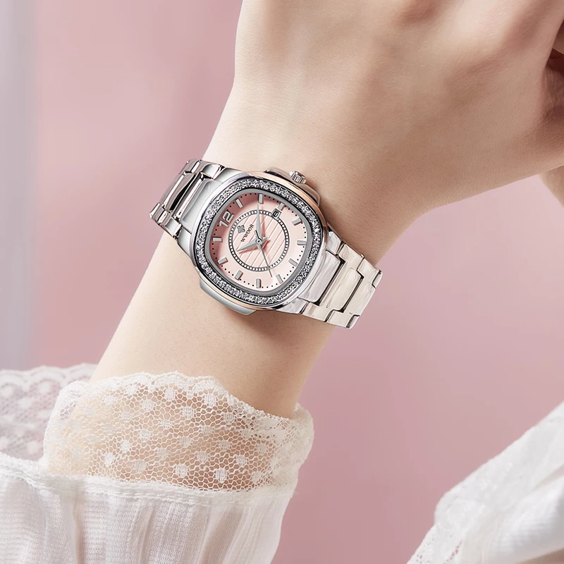 Japanese Quartz Movement WWOOR Brand Pink Ladies Bracelet Watches Famous Luxury Fashion Design Square Steel Women Wristwatch