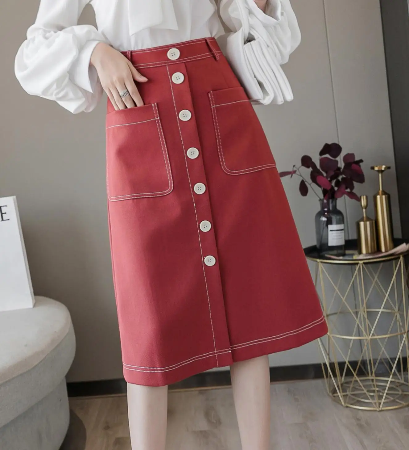 REALEFT Spring 2020 New Single Breasted Chic Women Midi Skirts Korean OL Style High Waist A-Line Skirts with Pocket Female