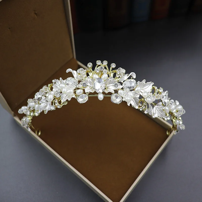 Enamel Leaf Tiara Headbands Luxury Painted Flower Crystal Crown Bride Hair Jewelry Accessories for Women Wedding Hair Ornaments