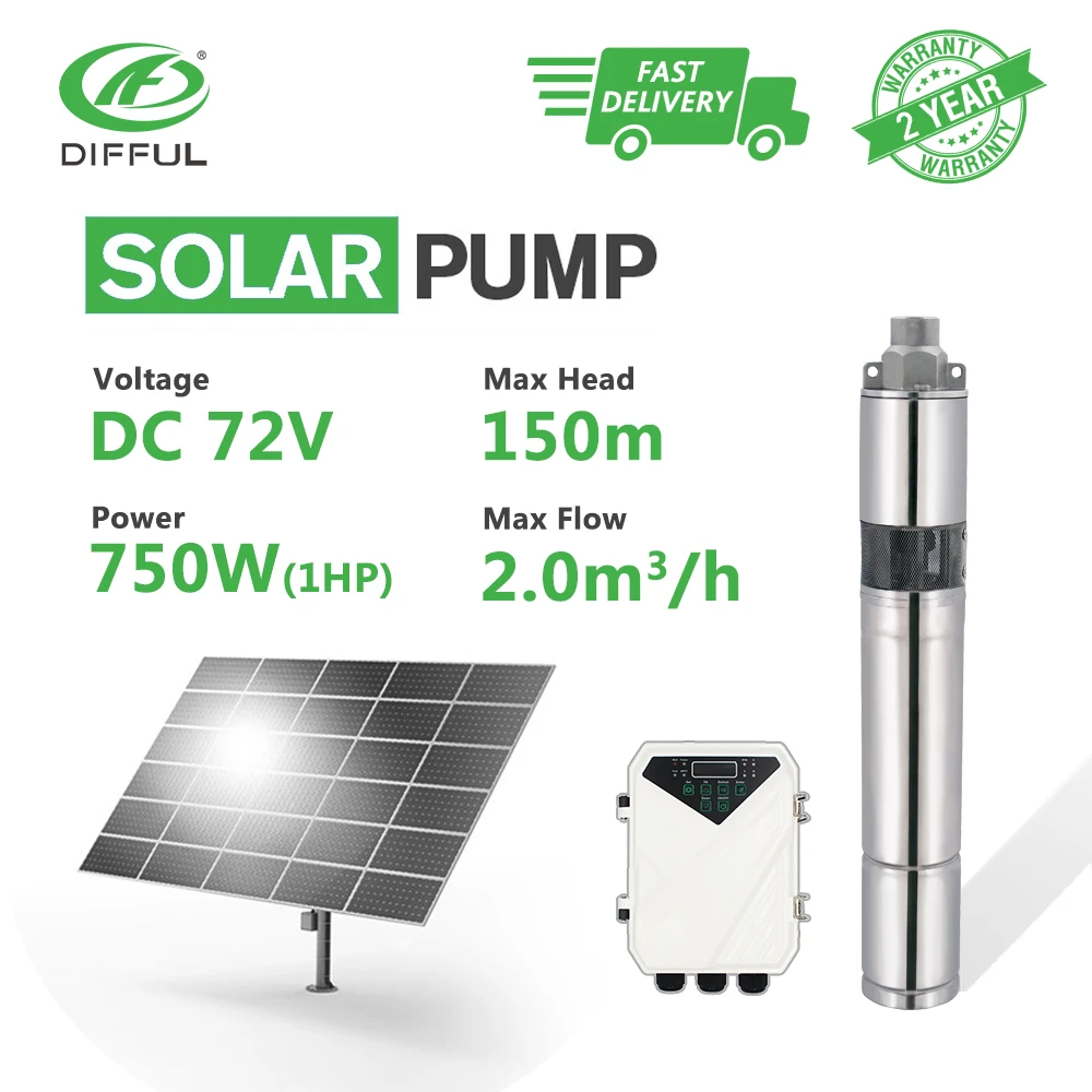 

3" DC Screw Deep Well Solar Water Pump Kits 72V 750W MPPT Controller Bore Irrigation Submersible (Max Head 150m, Flow 2000L/H)