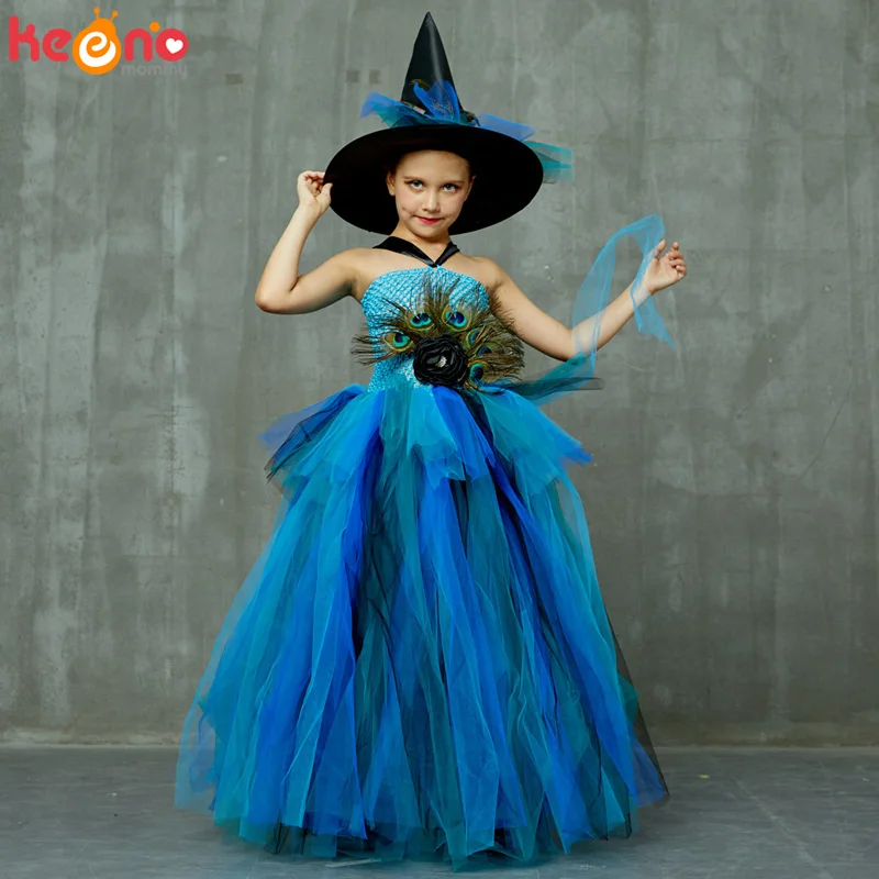 Elegant Peacock Feather Costume Girls Fluffy Layered Peacock Tutu Dress with Witch Hat Kids Pageant Party Ball Gowns Dresses