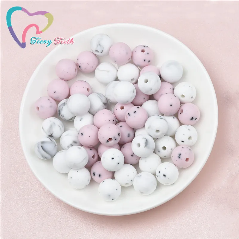 10 PCS Pastel Pink Gritty/Speckled Marble Silicone Round Beads BPA Free 12-15 MM Baby Teething Chew Loose Beads For Necklace