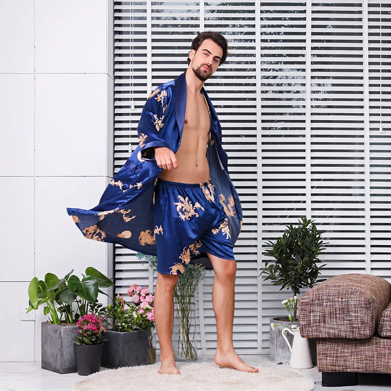 Rob-Conjunto de Kimono para hombre, ropa de dormir con cinturón elástico, traje de dos piezas de seda de dragón chino, pijama con pantalones cortos,