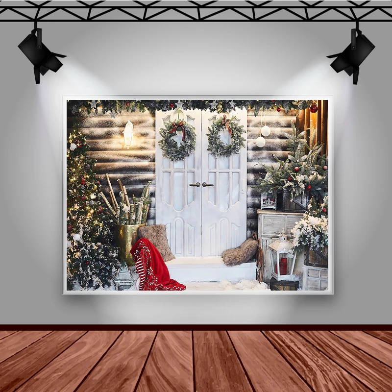 Mocsicka Winter Weihnachten Fotografie Hintergrund Holz Tür Girlande Kissen Dekoration Requisiten Kind Porträt Hintergrund Studio