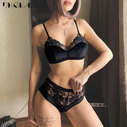 Velvet Bra Panties Sets High Waist Embroidery Lace Lingerie Black Thin Cotton Brassiere Sexy Underwear Women Set Wire Free Bras