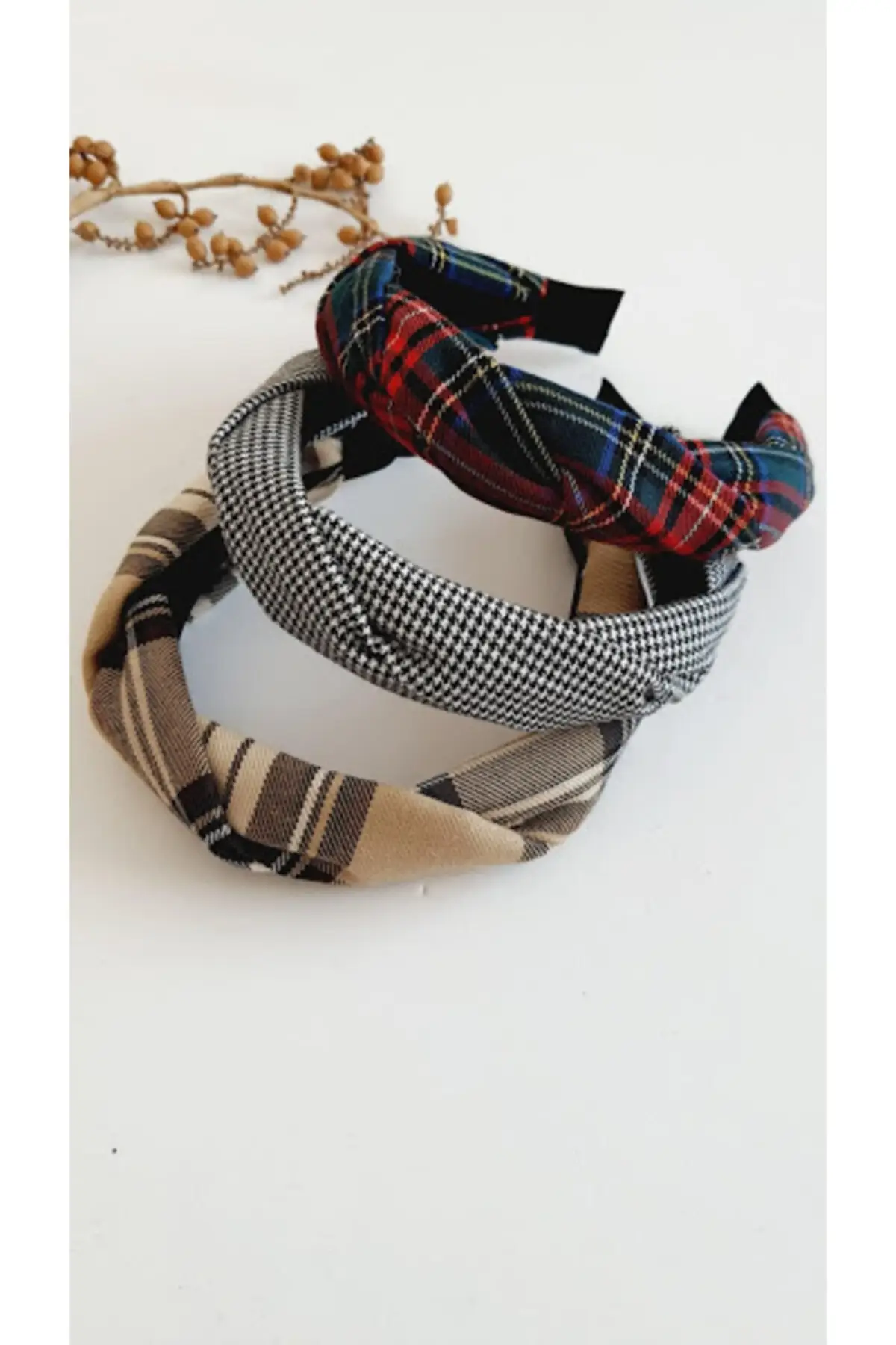 3 PCs Plaid Patterned Auger Crown Hair Band Beige/White/yeşilkırmızı