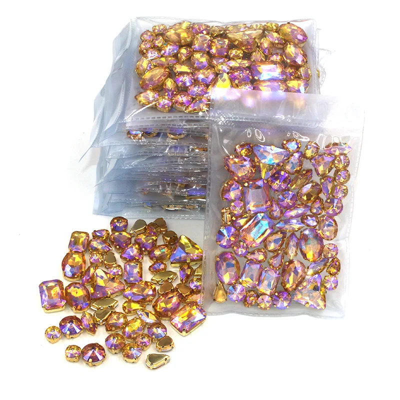 Hot sale Wholesale 5 bags mixed shape sew on glass Yellow AB gold base rhinestones diy dress/Clothing accessories