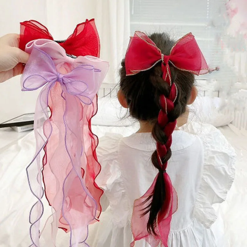 Korea Children Cute Colorful Ribbon Lace Bow Hairclip For Girls Sweet Weave Ponytail Hairpin Kid Barrettes Princess Accessories