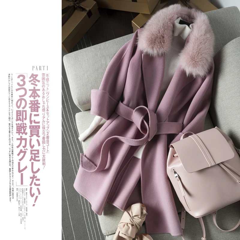 2020 100% Female Double-sided Wool Jacket Fox Fur Collar Spring Autumn Korean Long Coat Women Overcoat 2021 KJ4049