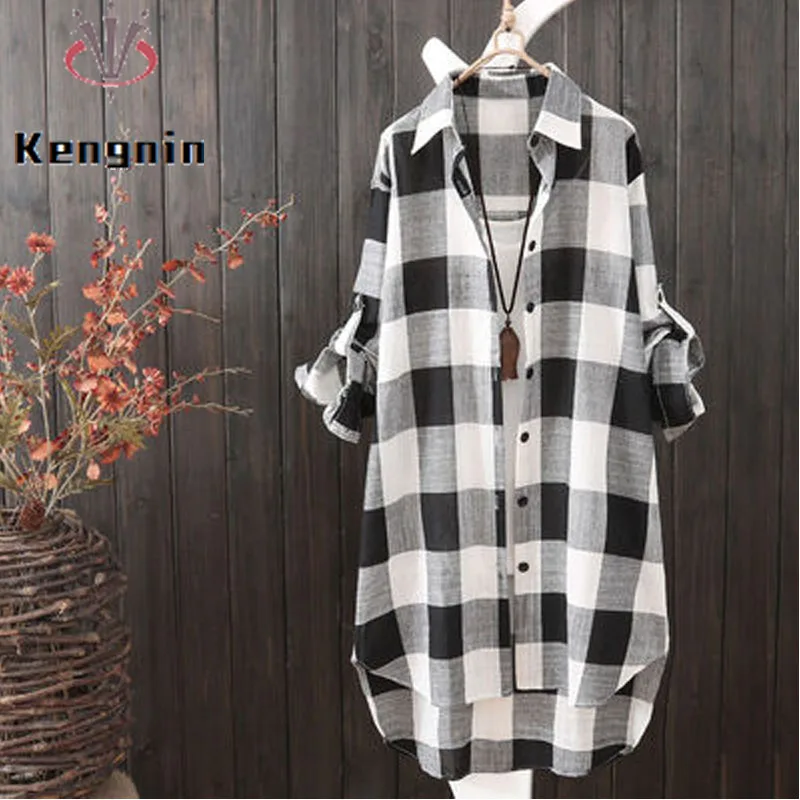 2024 Summer Sunshirts Women's Shirts Plus Size 3XL Loose Ladies Long Blouse Plaid Long Sleeve Casual Blause Female Tops KN177