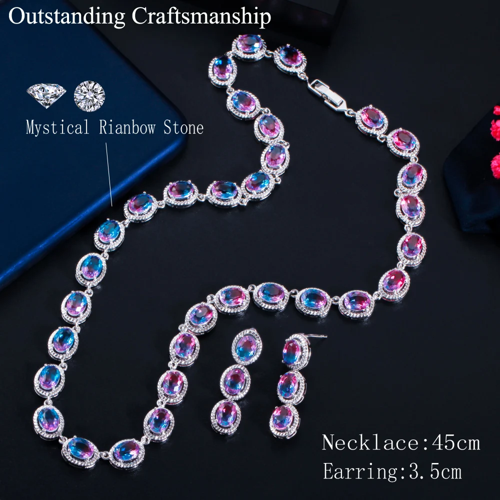 CWWZircons Beautiful Rainbow CZ Mystical Stone Round Drop Women Party Necklace Earrings Fashion Bridal Wedding Jewelry Sets T520