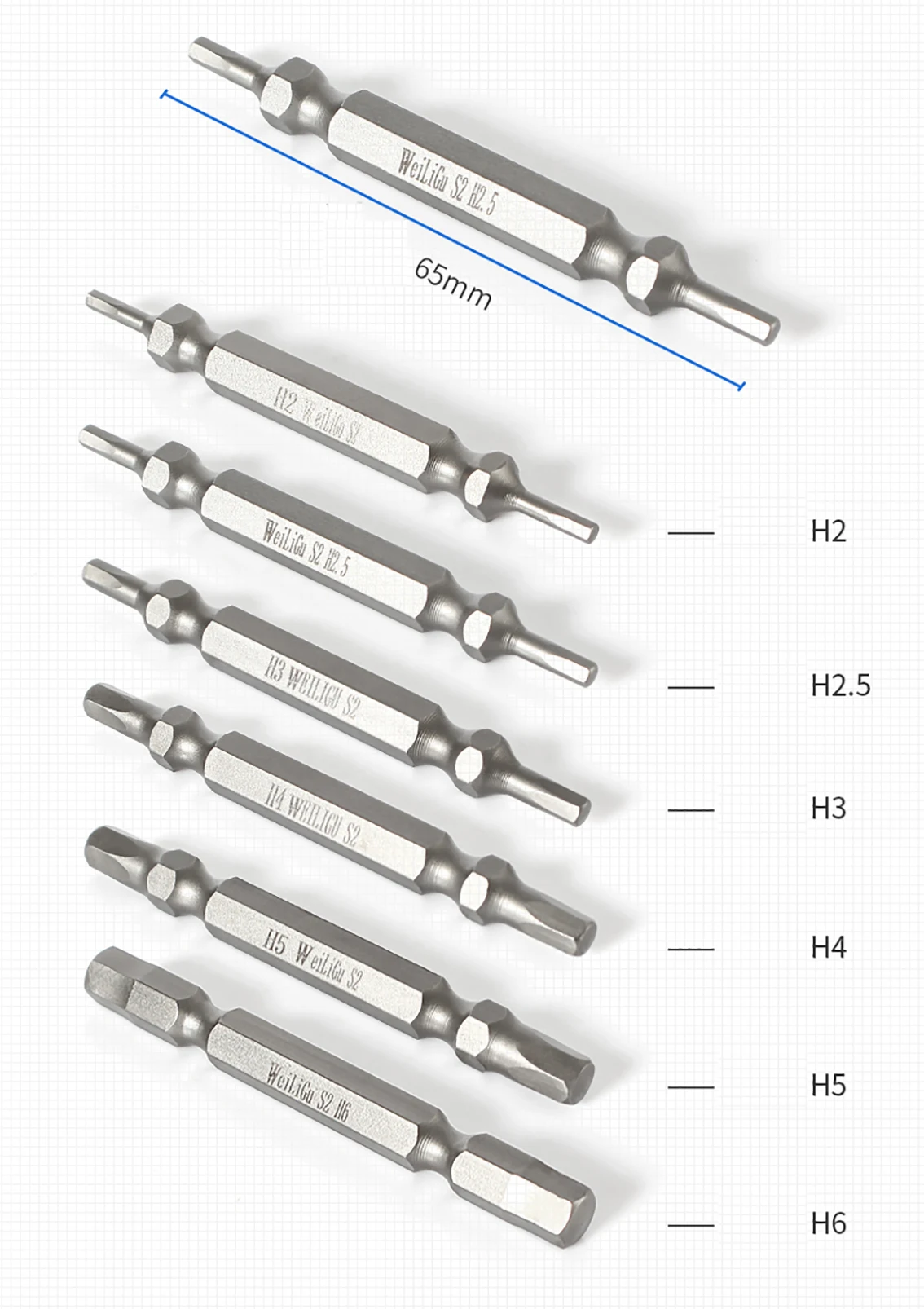 Brocas de destornillador hexagonal de doble cabeza, herramientas manuales magnéticas de acero S2, 65mm de longitud, H2-H6