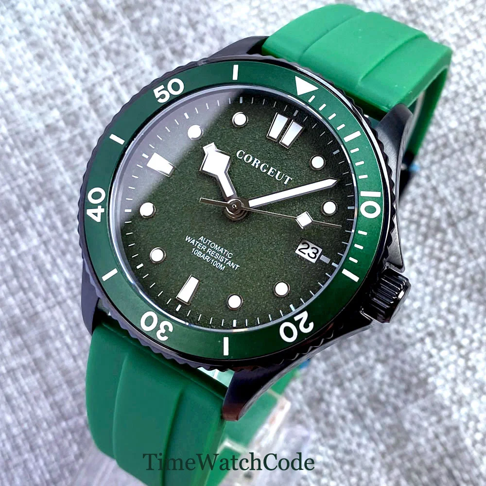 

Black PVD Corgeut Automatic Mens Watch NH36A 40mm Sapphire Cyrstal Black/Blue/Green Dial Date Steel/Rubber Strap Alloy Insert