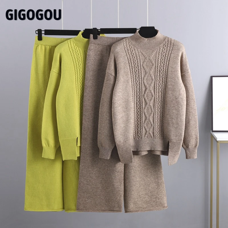 GIGOGOU Cashmere Women Sweater Tracksuits Wide Leg Pant Suits Thick Warm Female Set 2/Two Piece Sets Cloth