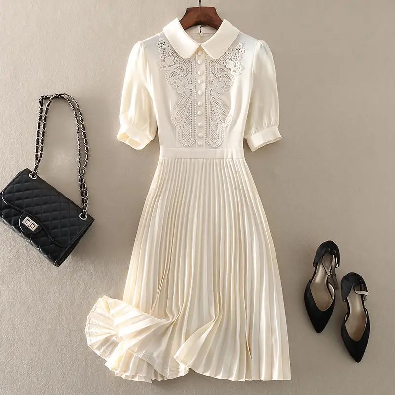 

Pleasted Chiffon Dress 2022 Summer Sweet Embroidery Hollow Out Lace Short Sleeve Peter Pan Collar Mini Short Dresses Temperament