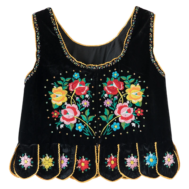 Fall Winter Women Vest Korean Fashion Mori Girls Handmade Beading Sequins Embroidery All-Match Casual Black Velvet Vest tank top