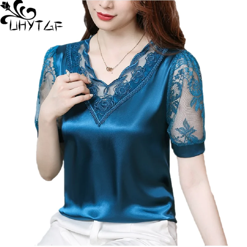 UHYTGF Summer Blouses New Fashion Short Sleeve Satin Silk Lace Stitching Embroidered Shirt Tops 4XL Loose Size Women Clothes1643