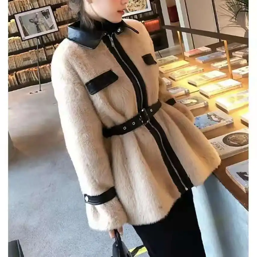 2023 Winter New Coat PU Leather Stitching Imitation Mink Velvet Waist Waist Women's Short Fur All-in-one Fur Top